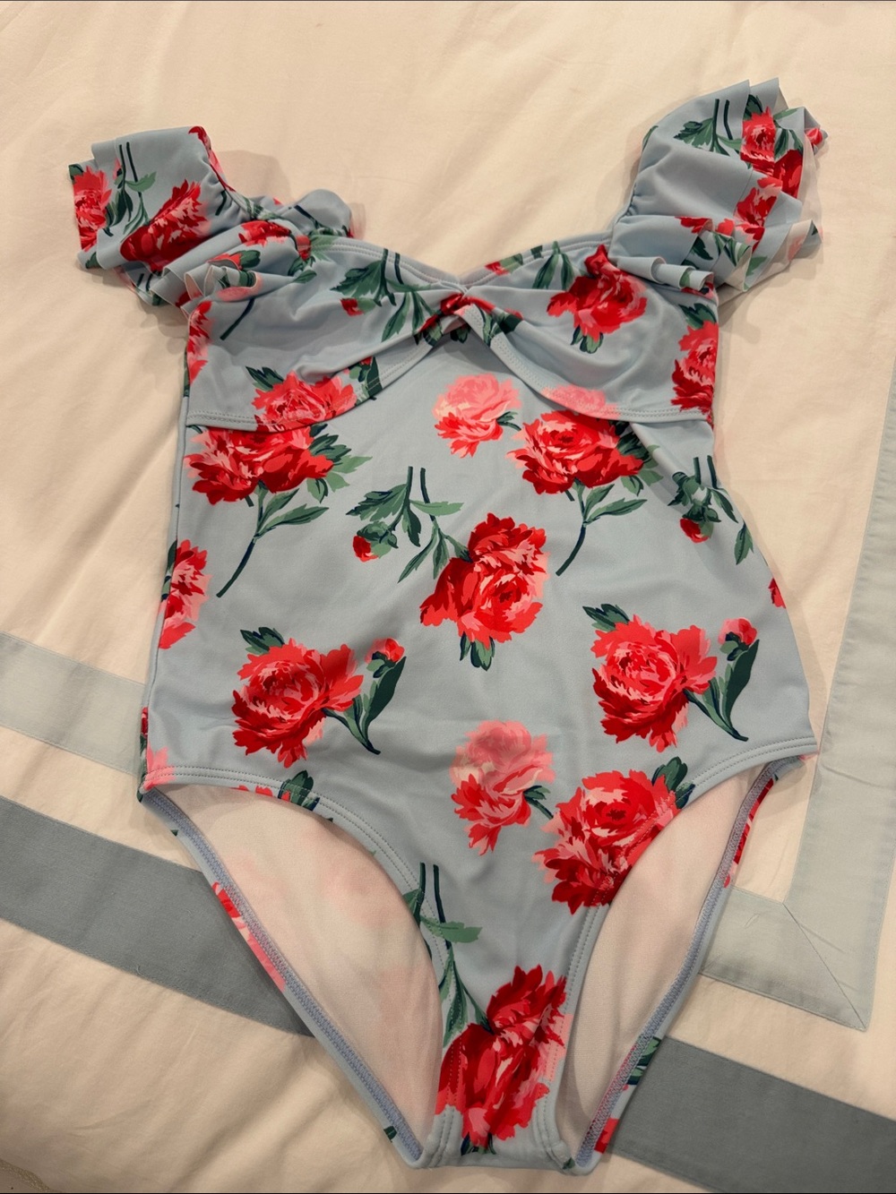 Janie and Jack Light Blue One-Piece Swimsuit with Red Floral Print